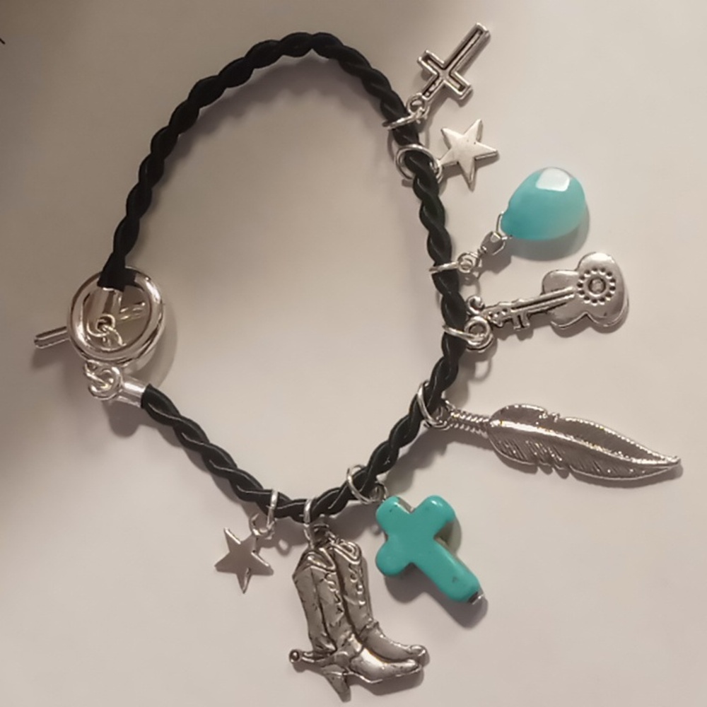 Southern style charm bracelet cowboy boots turquoise cross & natural amazonite